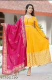 Yellow rayon anarkali kurti with pink dupatta, plus size for Haldi and Mehndi ceremonies. Rayon fabric, three-quarter sleeves, unique printed design. Perfect for daily wear and special occasions. LEELA Brand Jaipuri Kurtis, India origin