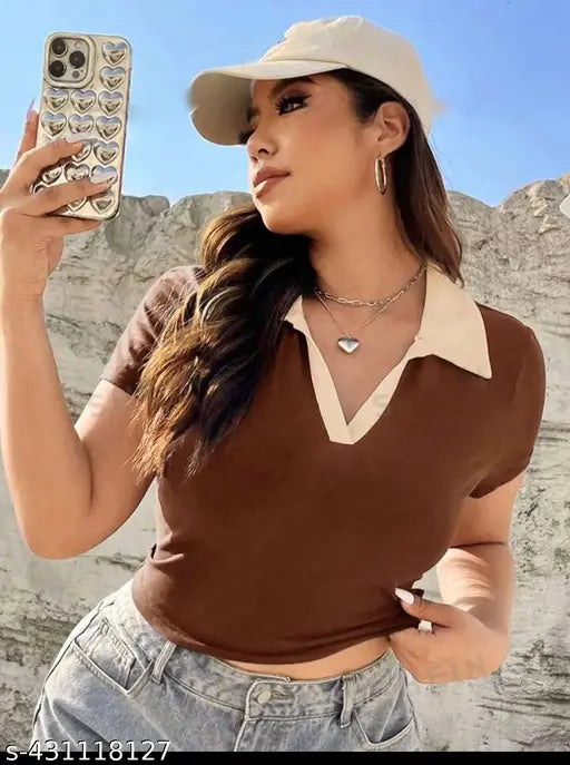 Glitsy Crop Top Women's Short Knit T-shirt, V-neck & Polo Collar-Blocked, Slim Fit, Suitable For Summer/Autumn,School, Outdoor Sports, Indoor Leisure,Business Daily Matching