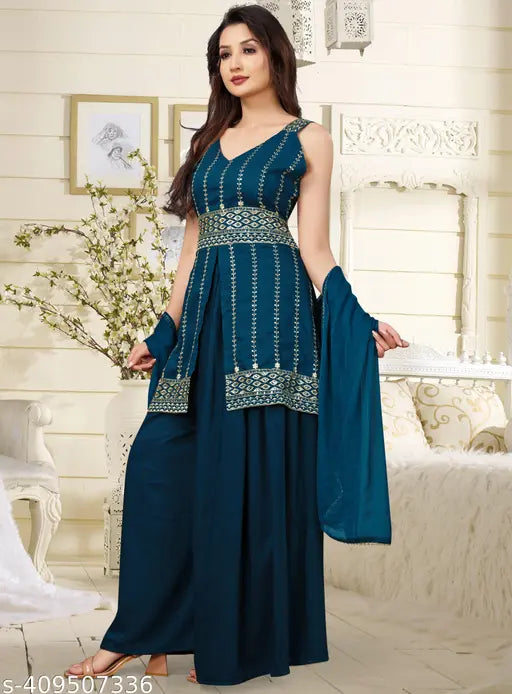 Exquisite Rayon Women's Kurti set with Zari embroidery, sleeveless, Bollywood style - Indian origin