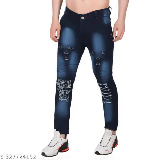 Dark blue men's denim jeans pant with ruff detail, polycotton, heavy distressed, versatile, comfortable, trending fashion