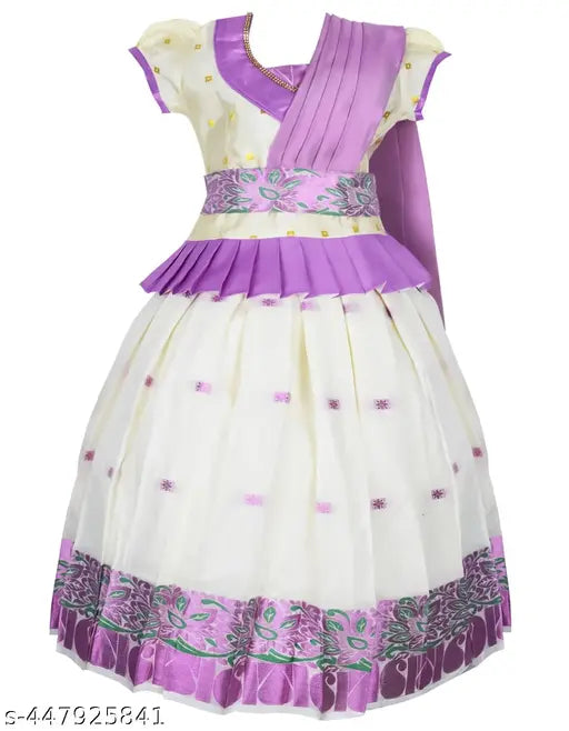 Traditional Kerala Set Pavada - White & Gold: Cotton blend, puff sleeve blouse with golden dupatta, intricate zari accents for festivals and weddings