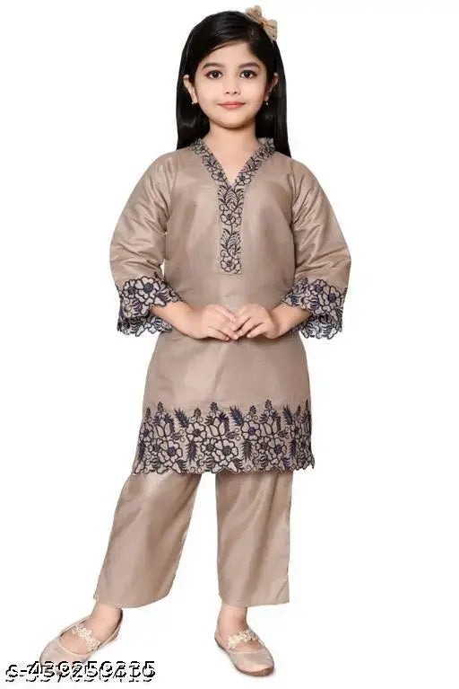 Embroidered grey rayon kurta pant set with dupatta, premium cotton blend for kids fashion, versatile sizes available