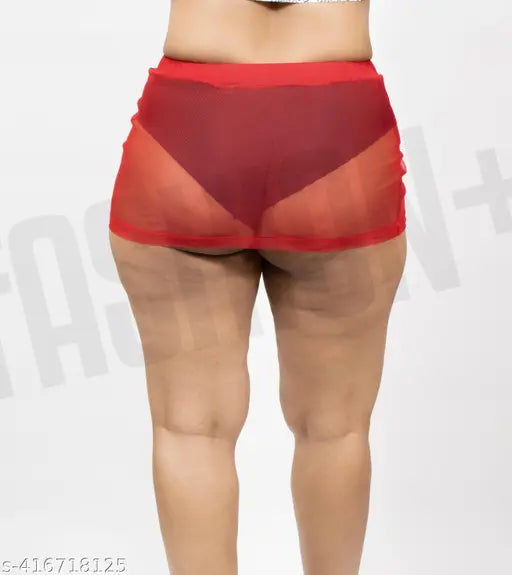 Red net micro bodycon cover-up skirt for girls and women, ideal for summer outfits or beachwear. Sheer design, perfect for confident night-outs. Available sizes: 24, 26, 28, 30, 32, 34, 36 (inches). Origin: India