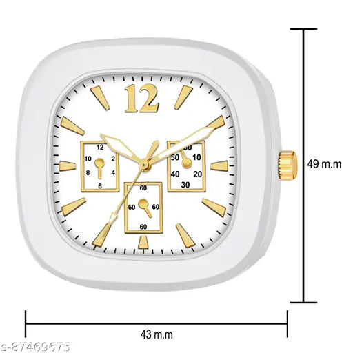 Gold watch with a white face, golden numbers and hands, in a square case, displayed on a transparent stand, size 43mm