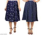 Navy blue small dot print polyester mid calf length women's skirt