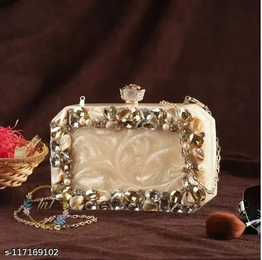 Handicraft fashion clutch, girls, stylish, decorative, handbag, beige lace design, gold accents