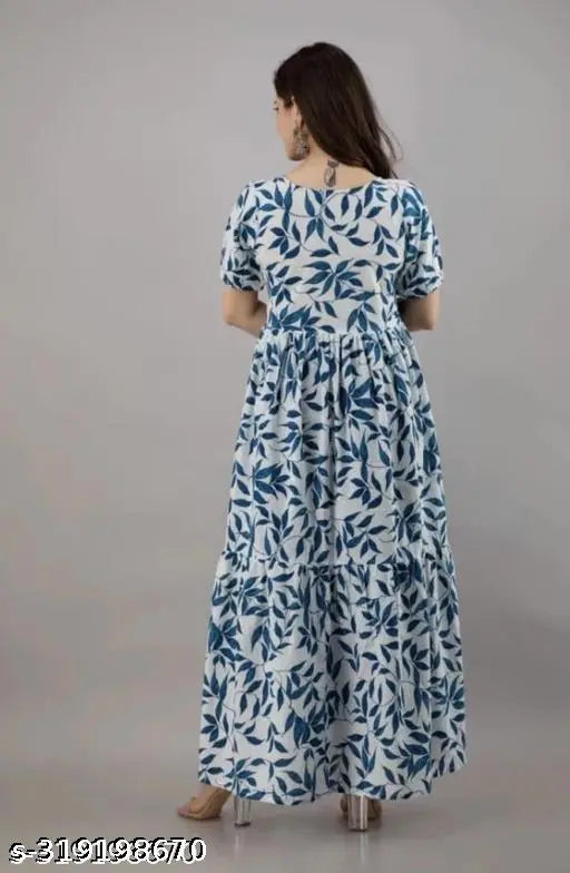 Blue rayon flower print gown for women and girls, daily wear, party wear, office wear - full printed, round neck, half sleeves
