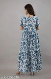 Blue rayon flower print gown for women and girls, daily wear, party wear, office wear - full printed, round neck, half sleeves