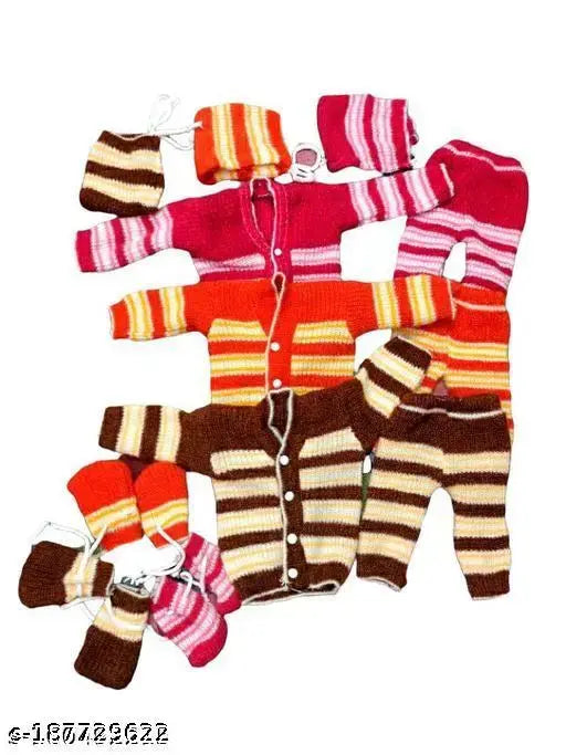 Wool striped sweater, pyjama, cap, booties set for baby boys and girls (pack of 3)
