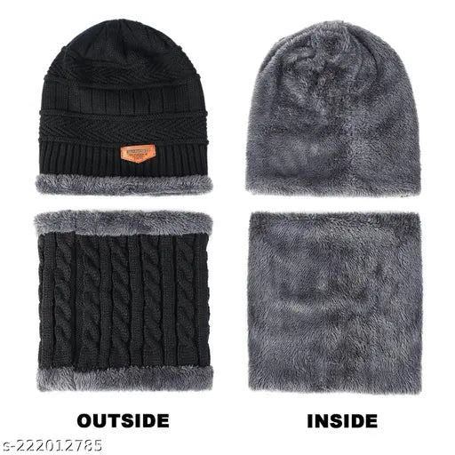 Grey winter knit beanie, scarf set with fleece lining, elastic neck warmer, snug fit, outdoor wear