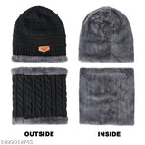 Grey winter knit beanie, scarf set with fleece lining, elastic neck warmer, snug fit, outdoor wear