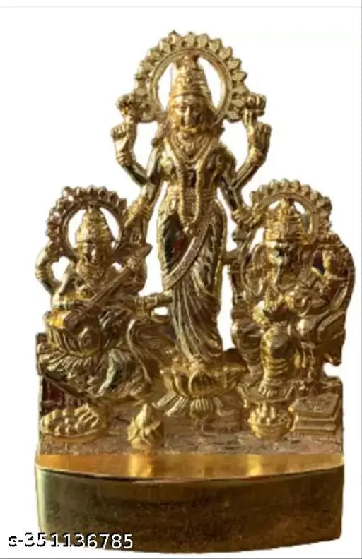 Golden metal antique Ganesh-Laxmi-Saraswati idol for Diwali decor, Indian origin
