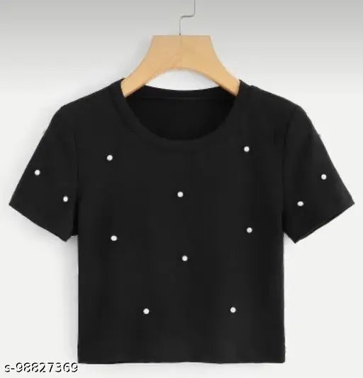 Black cotton top with short sleeves and pearl embellishments, printed net pattern. Handcrafted Indian fashion top