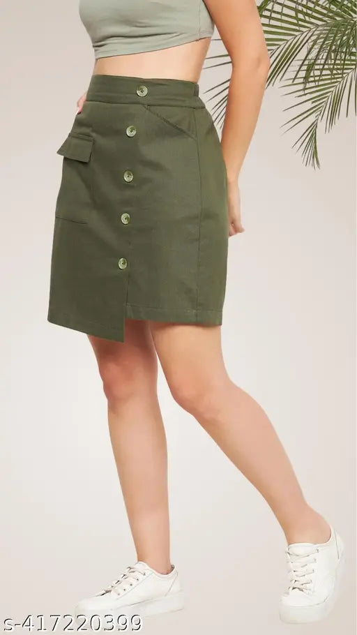 WineRed cotton solid-pattern olive skirt for women with button, size XS (24/20/36), made in India