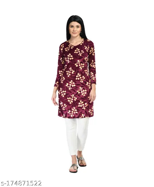 Purple velvet women's digital print kameez, warm kurti, pack of 1