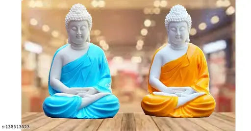 Sky blue, orange marble meditating Buddha statue combo (9cm x 14cm x 7.5cm), exquisitely handcrafted Indian art piece