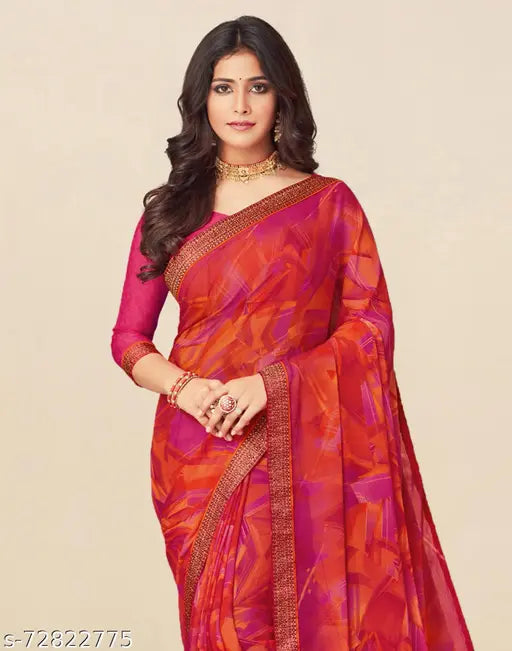 Hot Pink Chiffon Multi-Print Saree with Separate Blouse, Indian fashion statement