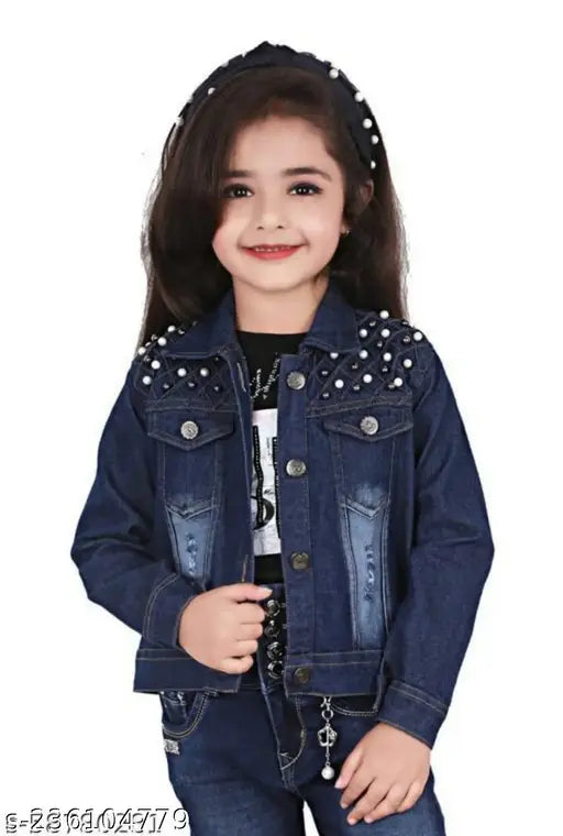 Blue denim jacket, young girl smiling