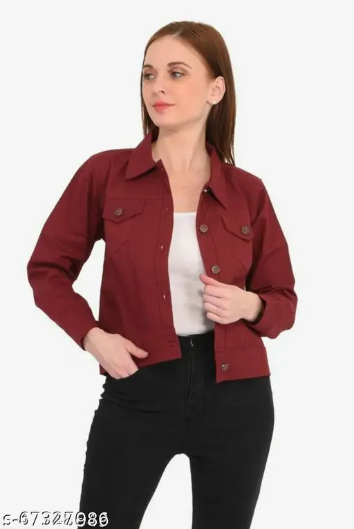 Maroon denim three-quarter sleeve jacket for women - vibrant and comfy fashion essential