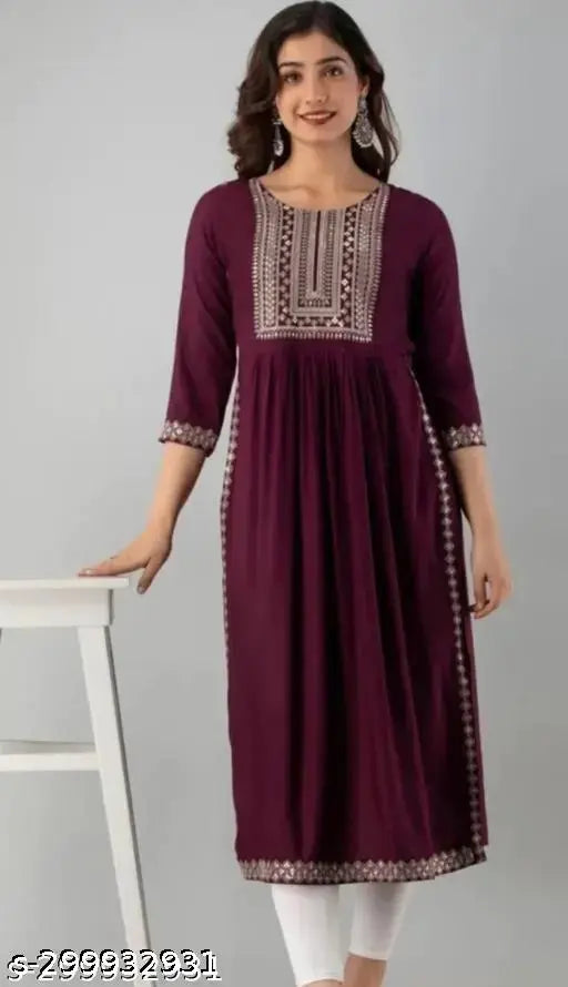 Rayon Nayra cut kurti with heavy embroidery, solid color, three-quarter sleeves on display stand, Indian ethnic wear for women in various sizes S-XXXL
