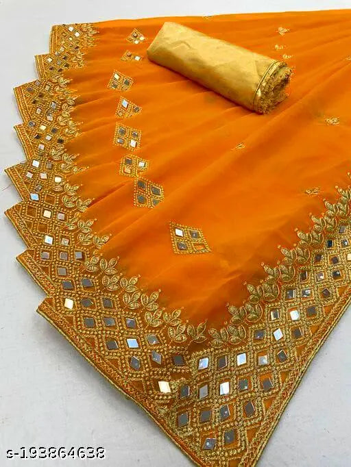 Georgette sari with mirror work, yellow and gold