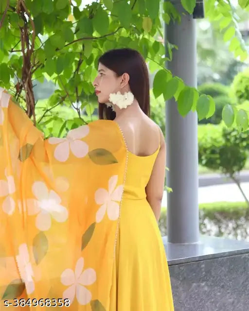 Indian printed Georgette sleeveless mastard flower dress, vibrant floral design in sizes XS-6XL