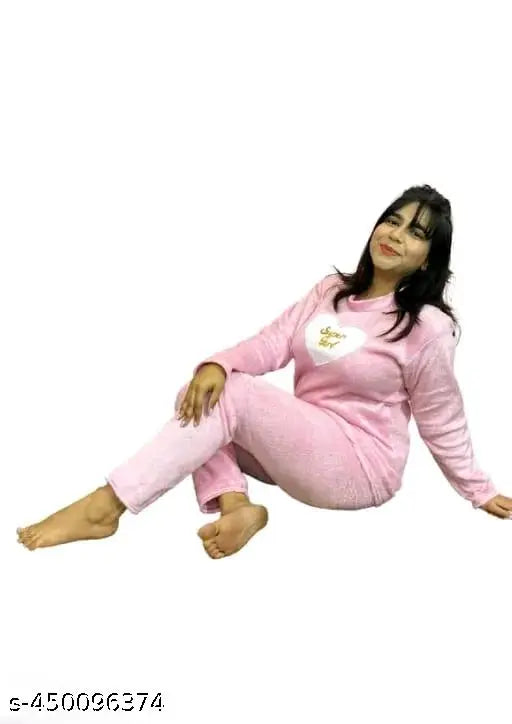 Baby pink women's woolen winter nightsuit, cozy long-sleeved pyjamas for cold weather, handmade Indian design
