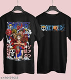 One Piece Anime graphics printed t-shirt for men, both sides. Cotton blend with short sleeves and front/back printed design. Model height 6'0 wearing size L. Made in India