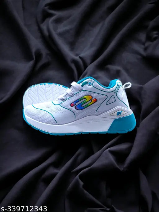 White shoe, blue laces, blue logo on top of footwear