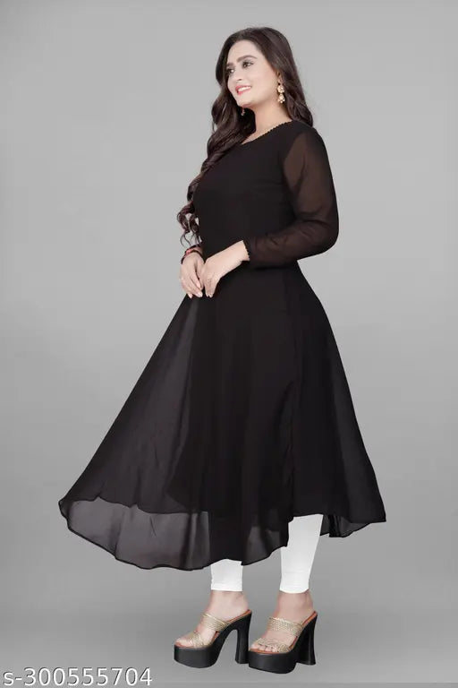 Luxurious georgette party wear gown and kurti set, three-quarter sleeves, solid color for woman. Georgette Indian women's formal gown and kurti on display