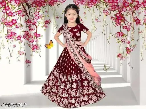 Silk lehenga for small children with embroidered designs, semi-stitched net dupatta on display