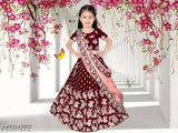 Silk lehenga for small children with embroidered designs, semi-stitched net dupatta on display