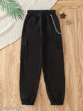 Black cargo pants with drawstring waist, side pockets and adjustable straps