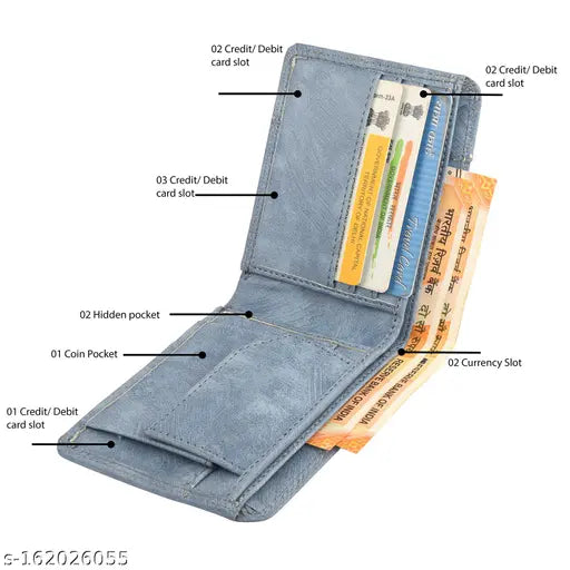 Green Faux Leather Men's Bifold Compact Wallet, textured pattern, 3 card slots, 2 compartments, free size (12cm x 9cm)