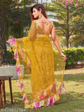 Yellow silk sari with floral print, traditional pallu, perfect for festivals