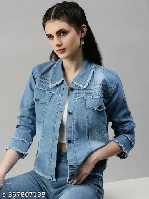 Light Blue Denim Women's Jacket, trendy stylish solid pattern, long sleeves, machine washable, denim fabric, sizes S-XL