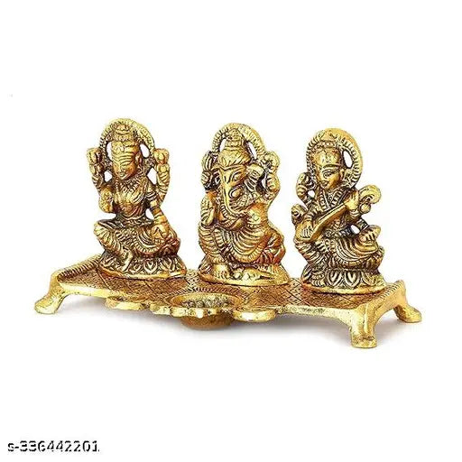 Decorative brass Ganesh Laxmi Saraswati idol set with diya, gold-plated antique finish for home/office pooja decor