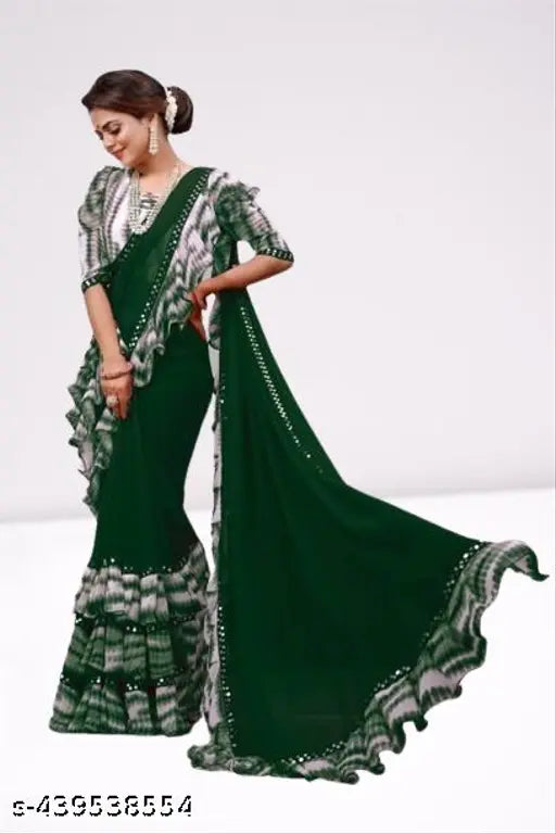 Woman wearing green embroidered georgette saree with blouse