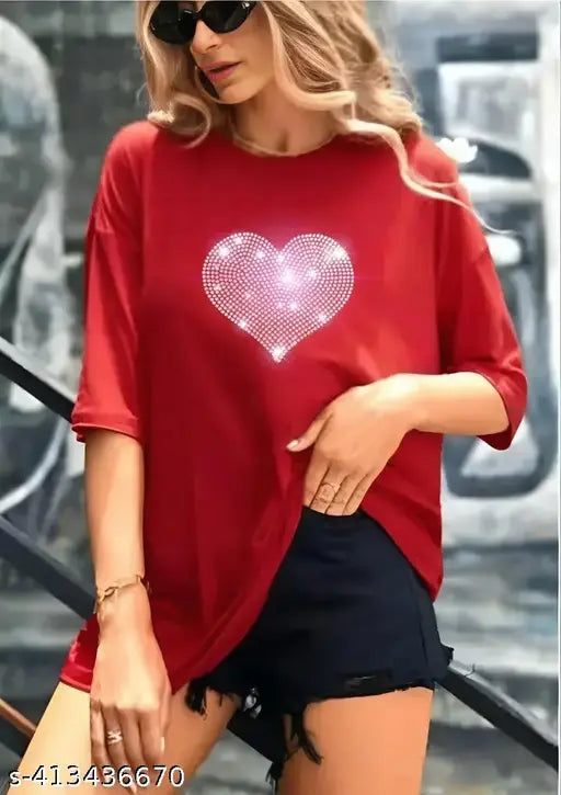 Red off-shoulder loose-long oversized pure cotton T-shirt with sparkling rhinesstones sequin glitter design trendy rhinestone stardesign for disc clubs festivals