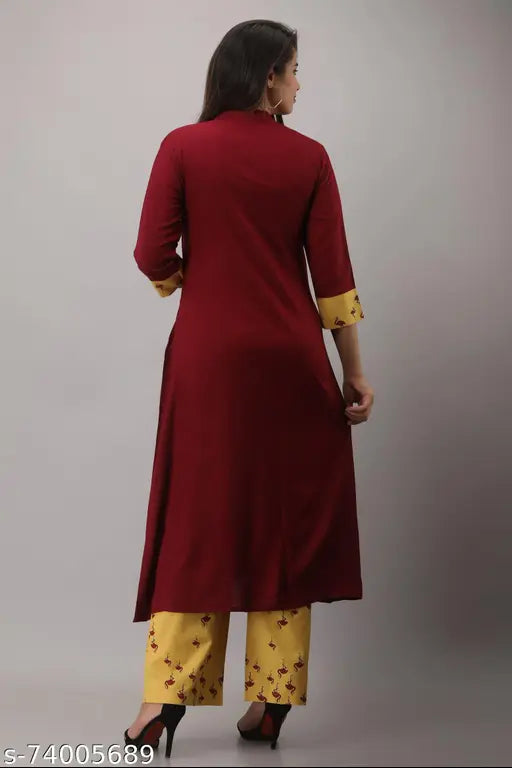 Rayon Front Slit Kurta Set (2pcs) with Palazzo, solid design, Indian origin
