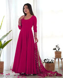 Women's S Georgette Embroidered Gown with Pant and Dupatta Set - Indian Anarkali outfit in solid Georgette material with long sleeves and a length of 52 inches, accommodating bust size up to 44 inches and waist size up to 38 inches
