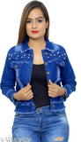 Blue denim jacket, trendy fashionable women's denim, solid color, long sleeves, size S (Bust 34in, Length 21in)