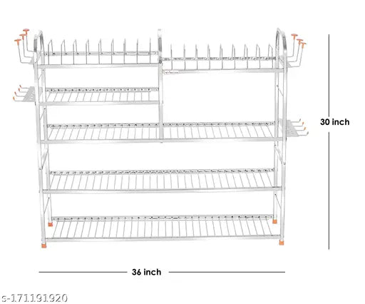 Stainless steel kitchen utensils rack with 5 shelves, wall mount design, plate and cutlery stand, 30L x 36H inches upper plate, modular storage system