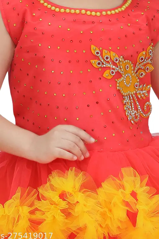 Red net embroidered frock gown for girls, handcrafted in India. Perfect for special occasions like weddings and parties