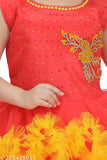 Red net embroidered frock gown for girls, handcrafted in India. Perfect for special occasions like weddings and parties