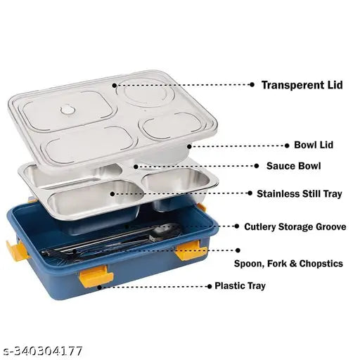 Leakproof 4 compartment lunch box, stainless steel, microwave safe, freezer friendly, reusable, portion control snack containers, adults & kids, multicolor