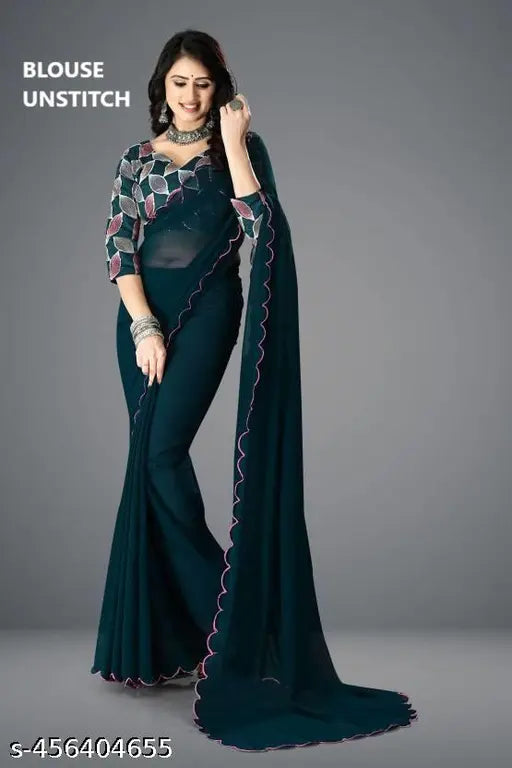 Georgette saree with stylish border and embroidered blouse, free size, India origin