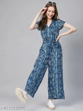 Blue striped rayon jumpsuit for women, v-neck and short sleeves, features side pockets. Ideal for office wear or business casual style, can be paired with heels, clutch, and fringe earrings. Made in India