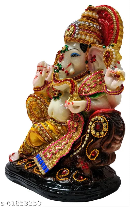 Resin Ganesh Murti Statue, 19cm x 25cm x 12cm, vibrant multicolor Ganesha Idol in Ashirwada Mudra with hand-picked stones, ideal for puja room or home decoration