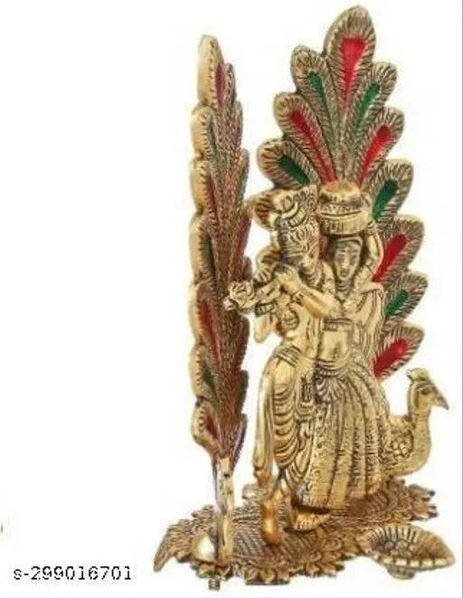 Radha Krishna metal set with peacock idol, for home, temple, office & gifting; signifies luck, happiness, prosperity. Size: L-B-H-12x8x13cm, made in India